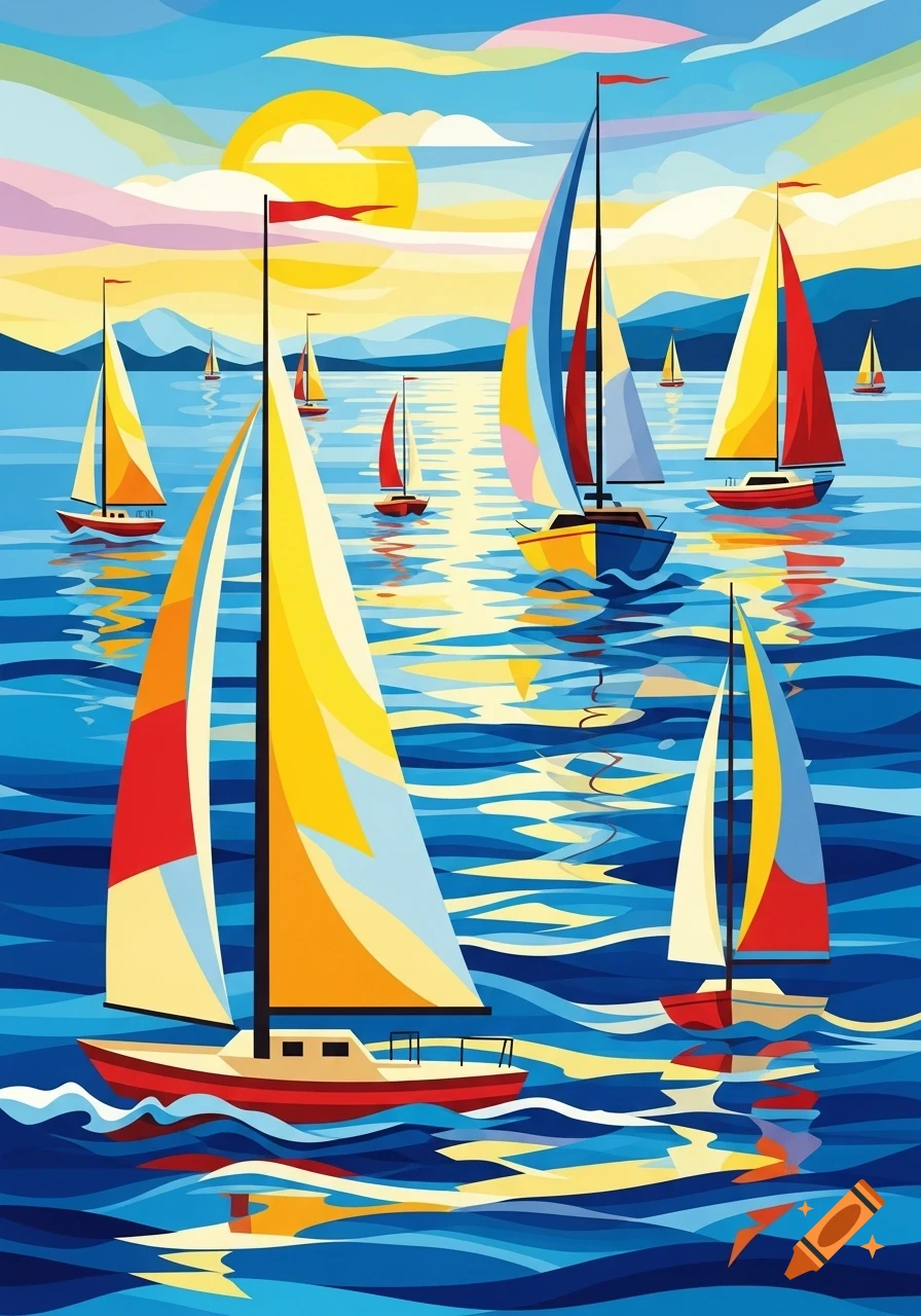 A colorful cubist illustration showing many sailboats on a vibrant blue sea under a bright yellow sun.