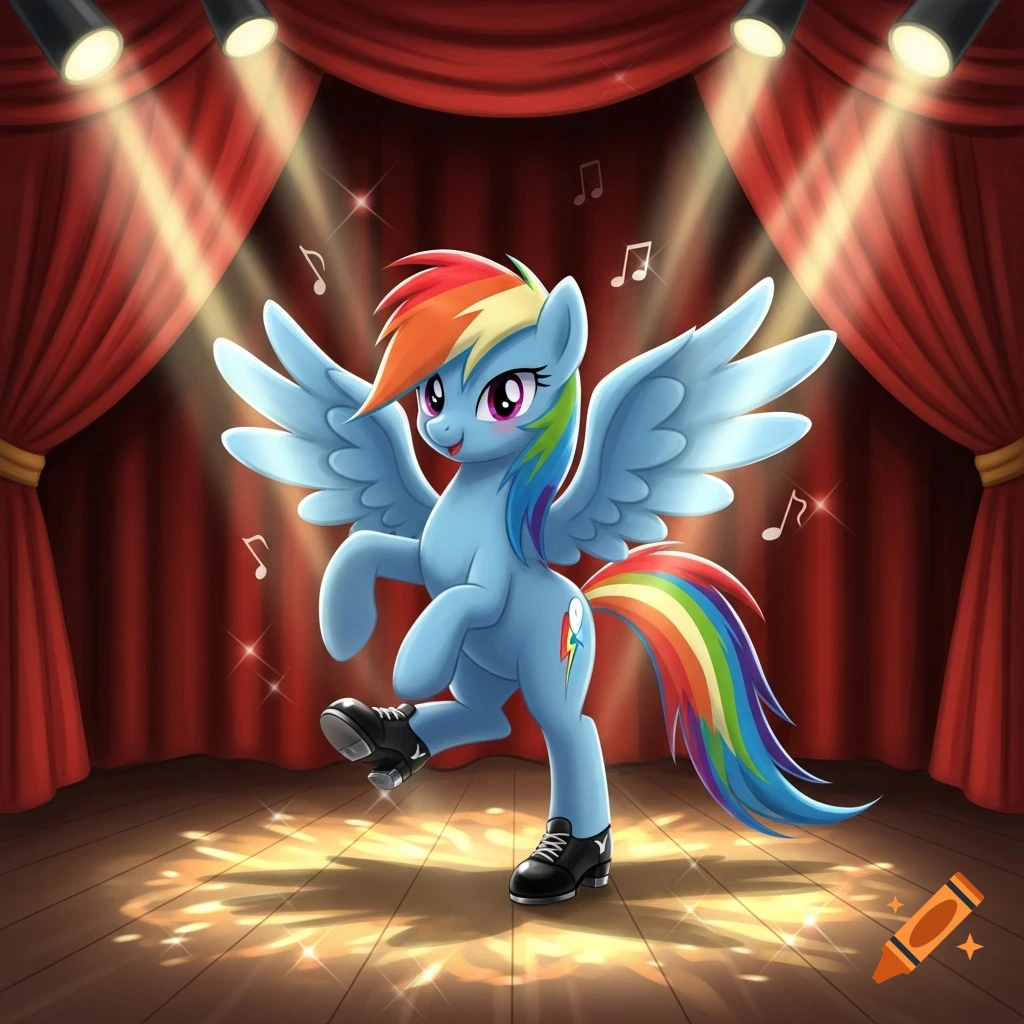 Rainbow Dash, a light blue pony with rainbow hair, tap dances on a brightly lit stage with red curtains.
