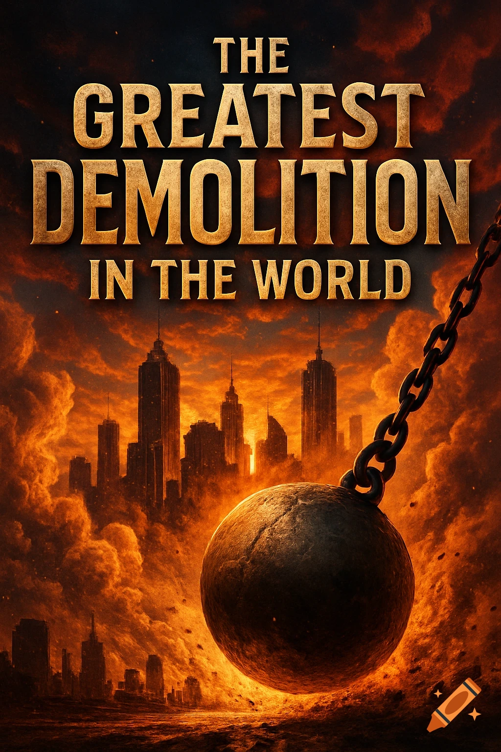 A wrecking ball hangs over a city skyline engulfed in orange, smoky clouds under the title "THE GREATEST DEMOLITION IN THE WORLD".