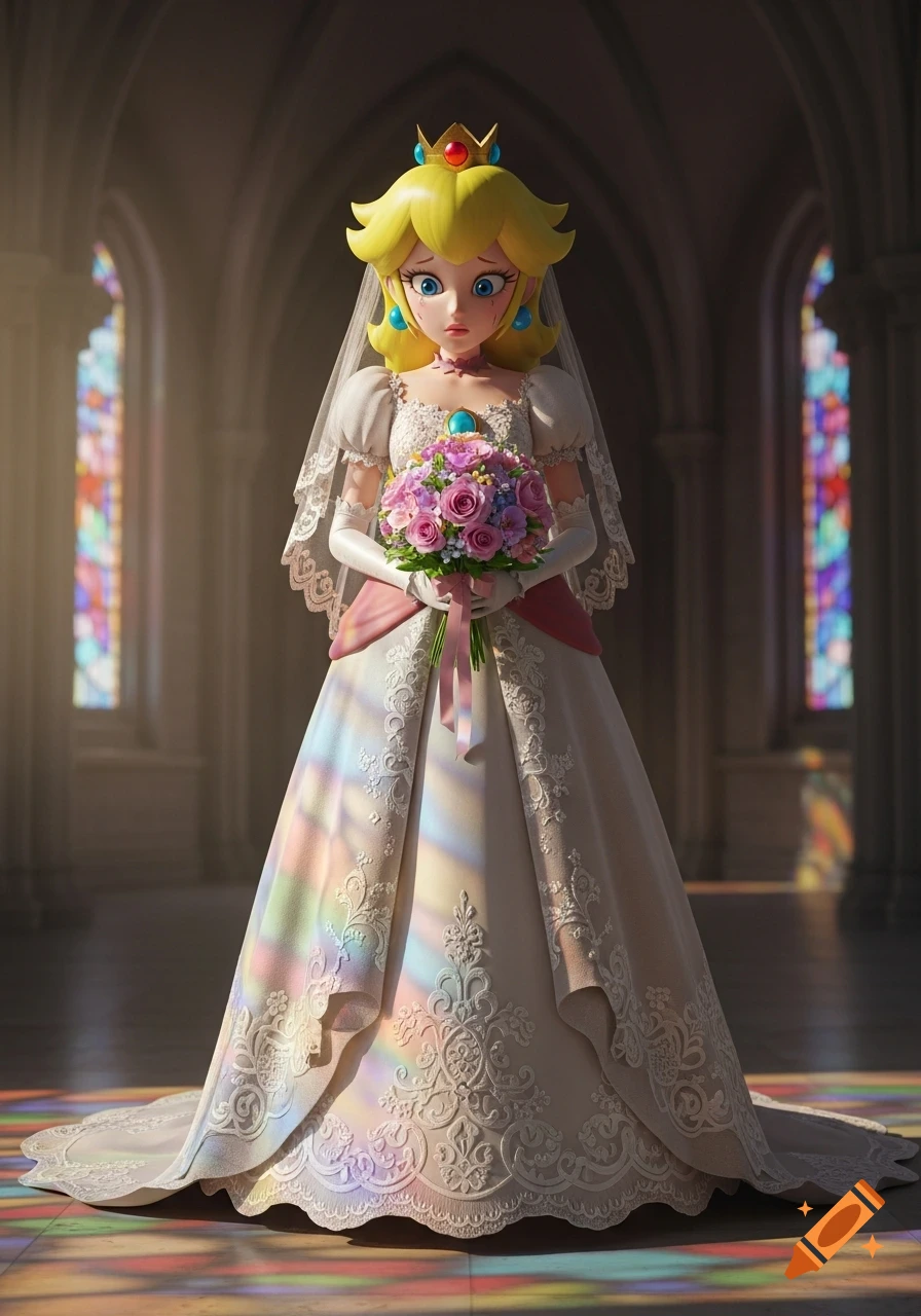 Sad Princess Peach in a white wedding dress holds a pink bouquet in a church with rainbow stained glass light, 3D render.