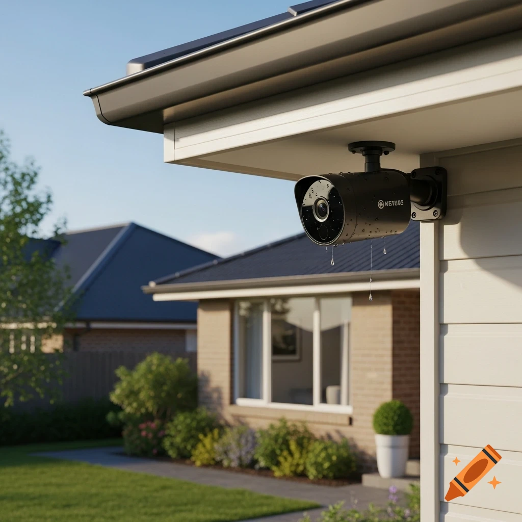 A black security camera with water droplets mounted under the eaves of a modern house, overlooking a green lawn.