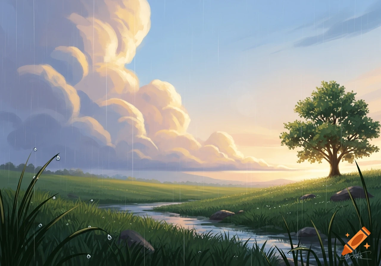 A painterly landscape shows a winding river through green fields under a cloudy, raining sky with a lone tree on a hill.