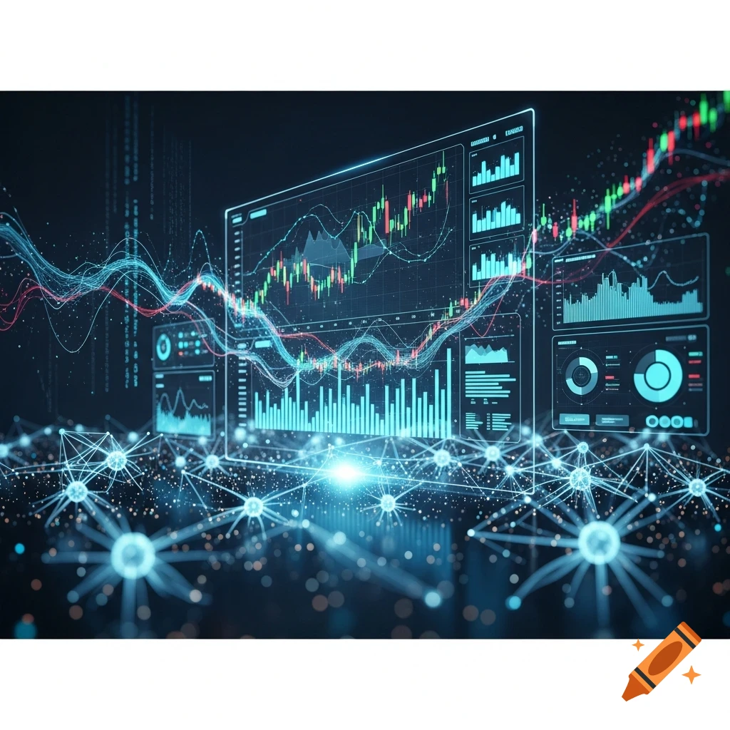 Digital interface displaying financial candlestick charts, bar graphs, and data streams, connected by glowing blue network nodes against a dark background.