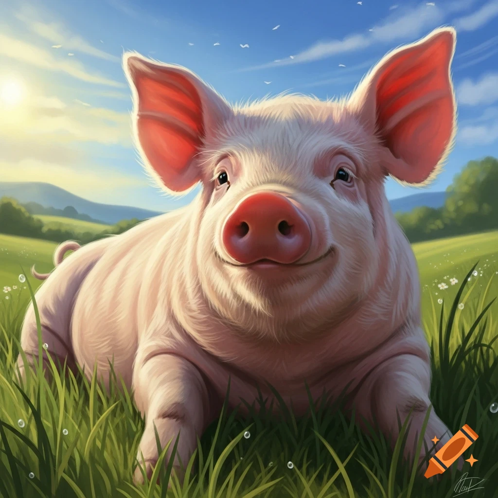 A happy-looking pink pig with large ears lies in a sunlit green field under a blue sky.
