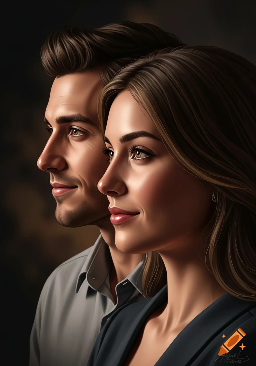Side profile portrait of a man and woman smiling softly, looking forward, in a realistic style with soft lighting.