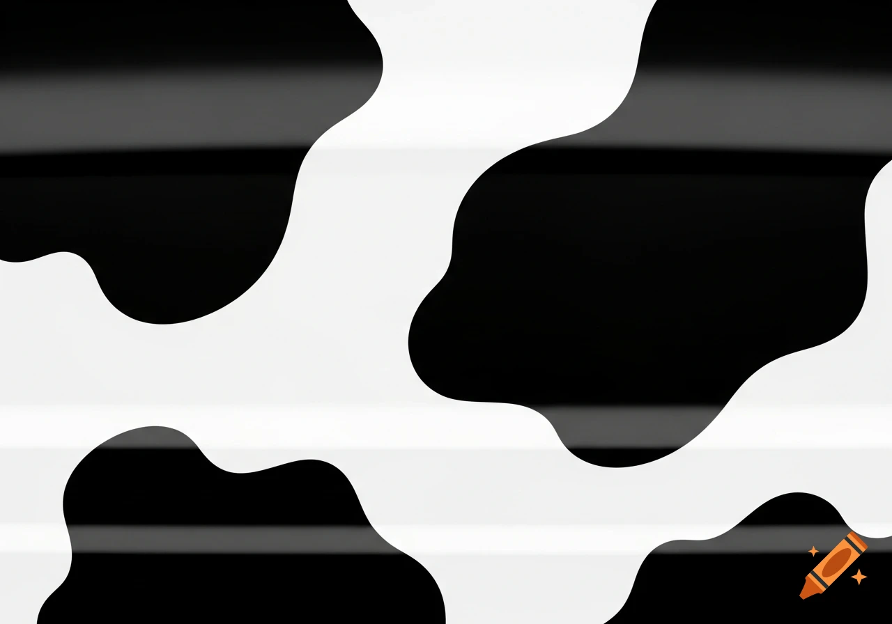 A black and white abstract cow print pattern with subtle horizontal lines.