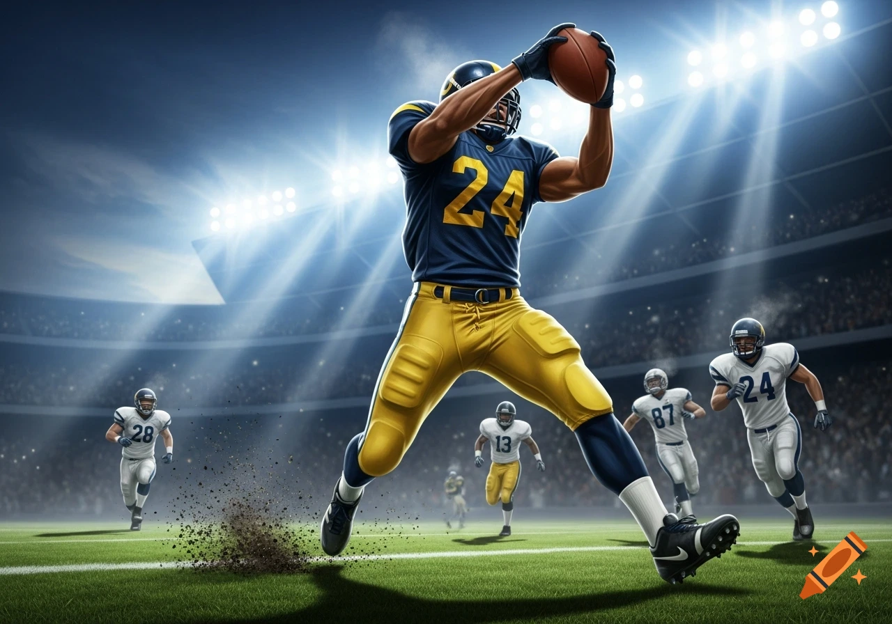 A muscular American football player in a blue and yellow uniform with number 24 catches a football on a stadium field, surrounded by other players and bright lights.