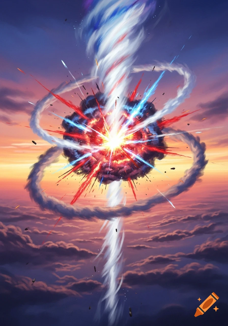 A vibrant, abstract explosion of red, blue, and white energy erupts from a cloud in a dramatic sunset sky.