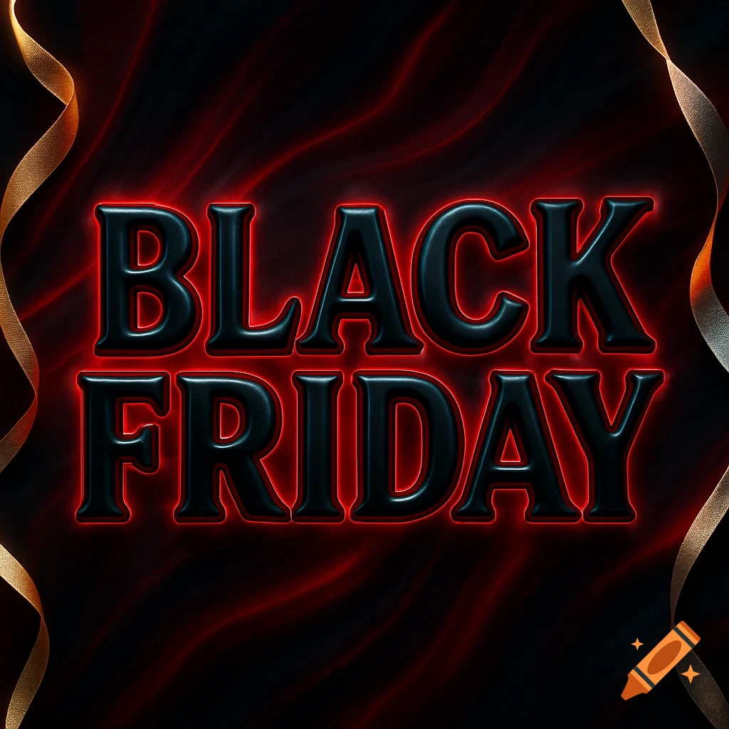 A dark banner with glowing red text "BLACK FRIDAY" and golden ribbons, set against a black background with red smoke-like patterns.
