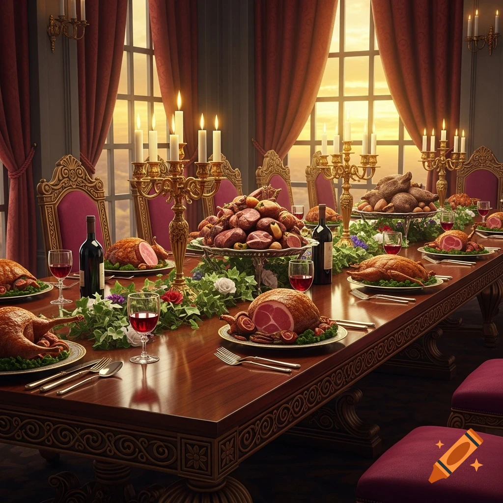An opulent royal dining table laden with roasted meats, wine, and candelabras, with red curtains and a window view at sunset.