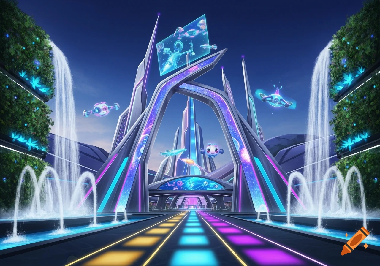 Vibrant futuristic theme park entrance with glowing angular structures, waterfalls on vertical gardens, fountains, and an illuminated pathway.