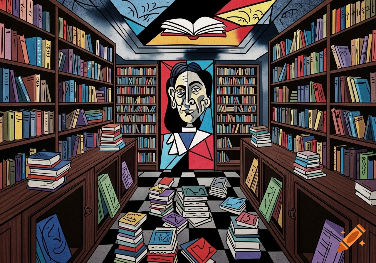 Cubist-style illustration of a library with shelves of books, stacks on tables and floor, and a fragmented portrait on the back wall.