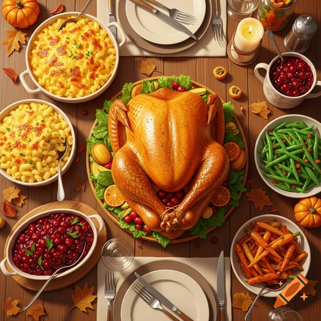 Overhead view of a photorealistic Thanksgiving dinner table with a roasted turkey, mac and cheese, green beans, carrots, and cranberry sauce.