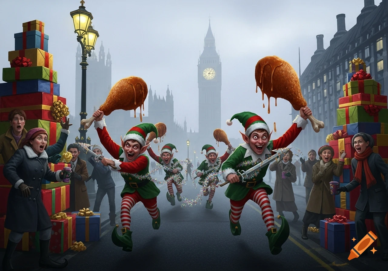 Psychotic elves with turkey drumstick weapons rampage through a misty London street in front of Big Ben, startling people by piles of Christmas presents.
