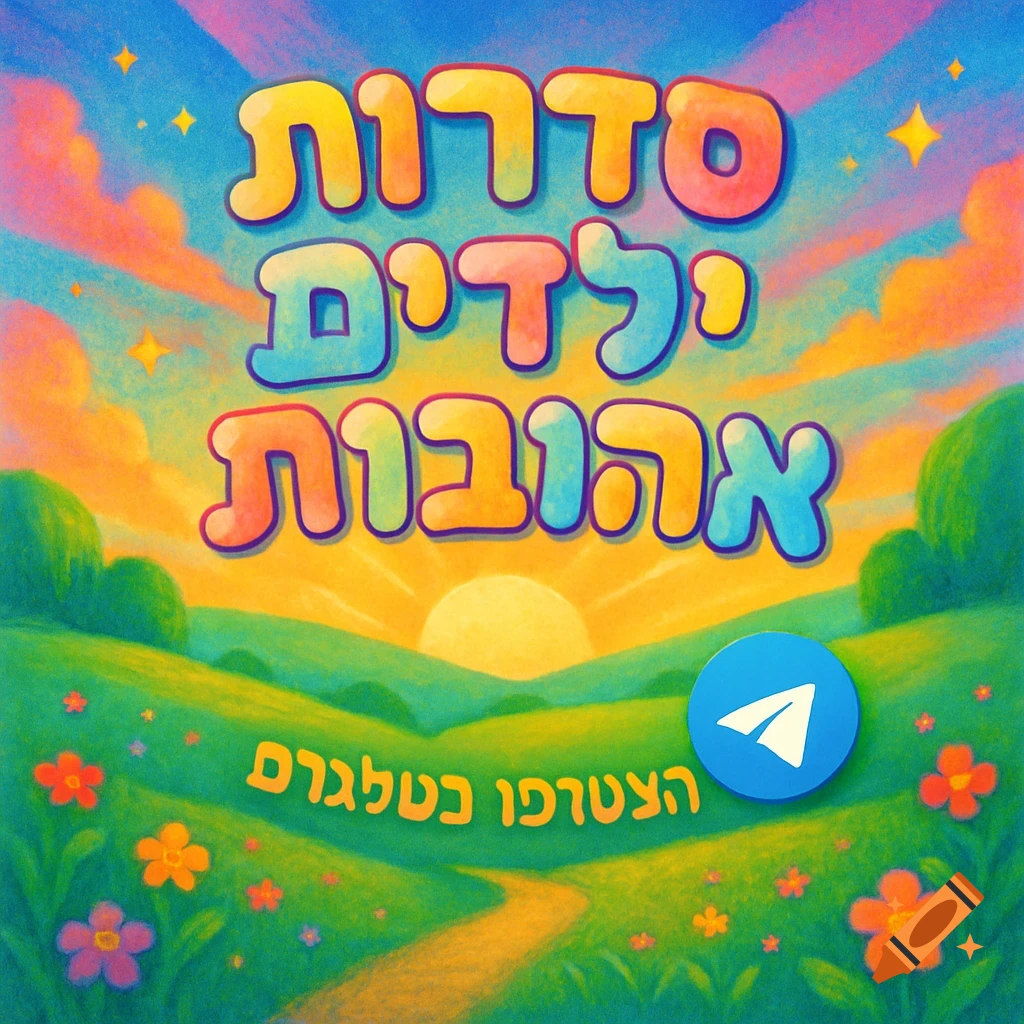 Colorful cartoon landscape with Hebrew text 'Beloved Children's Series' and 'Join the Telegram Channel', featuring the Telegram logo.