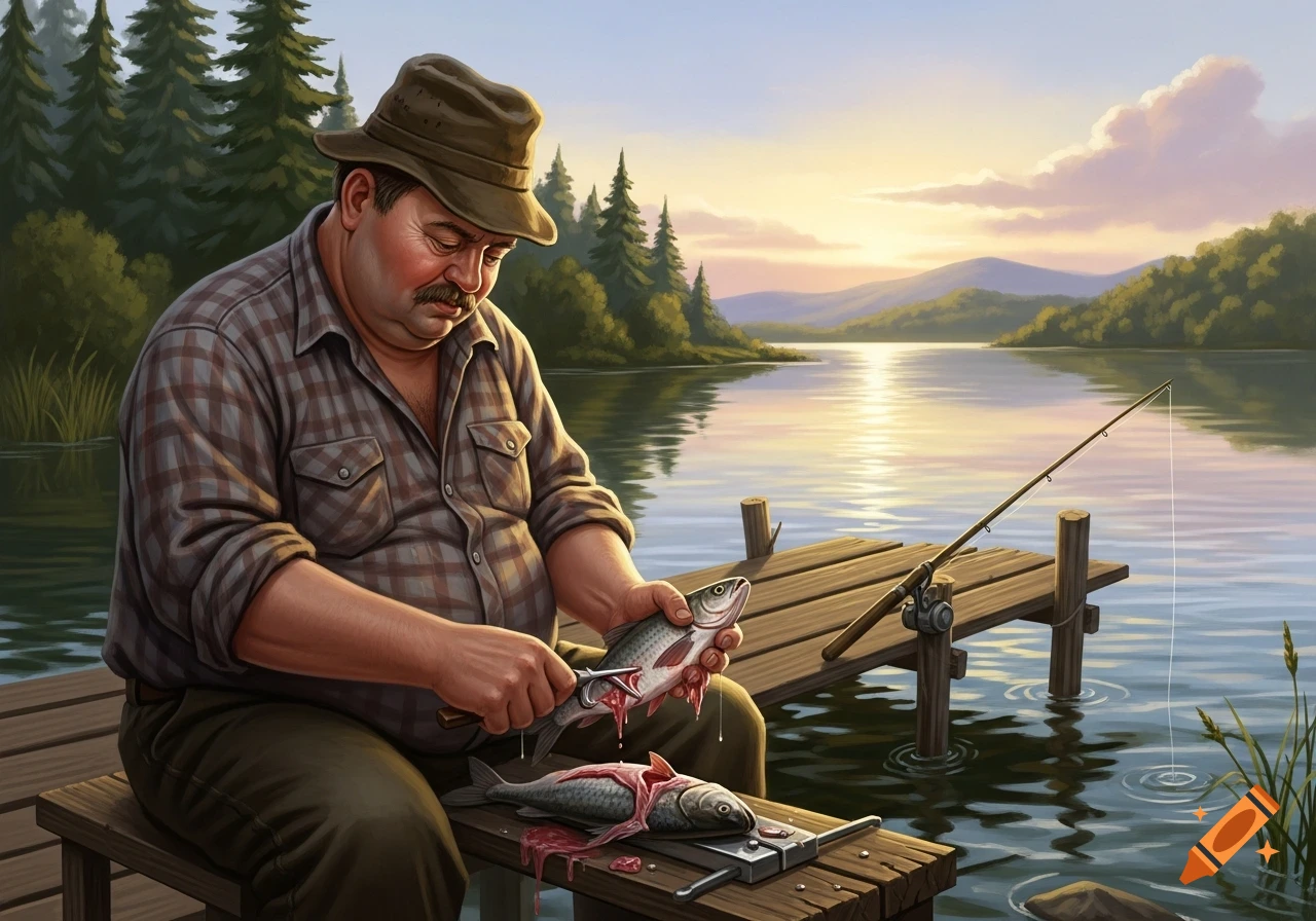 A man in a hat skins a fish on a wooden dock by a calm lake at sunset, with a fishing rod nearby.