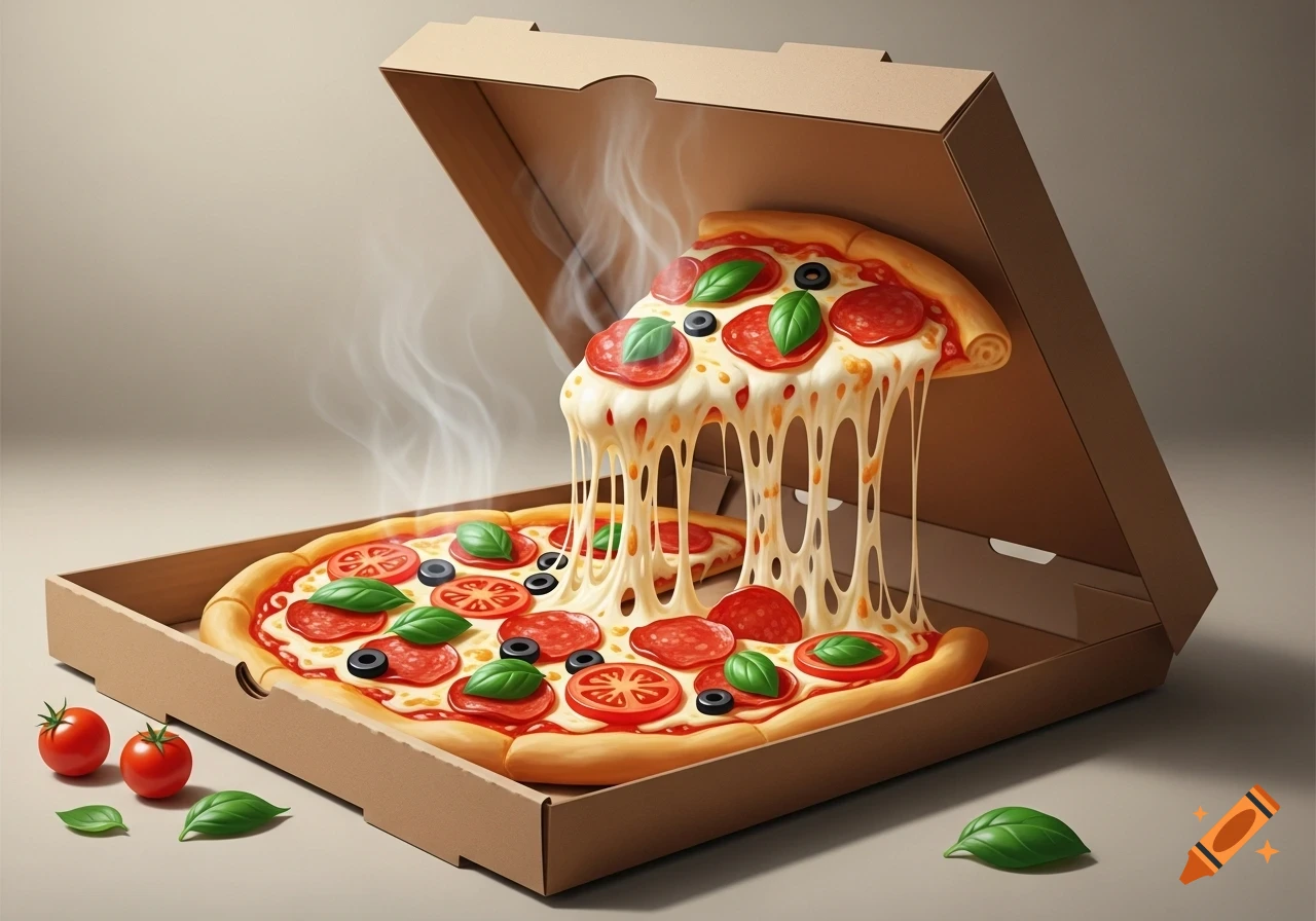 A steaming pizza in a cardboard box with a slice being lifted, showing long, melted cheese strings, with fresh tomatoes and basil leaves scattered around.