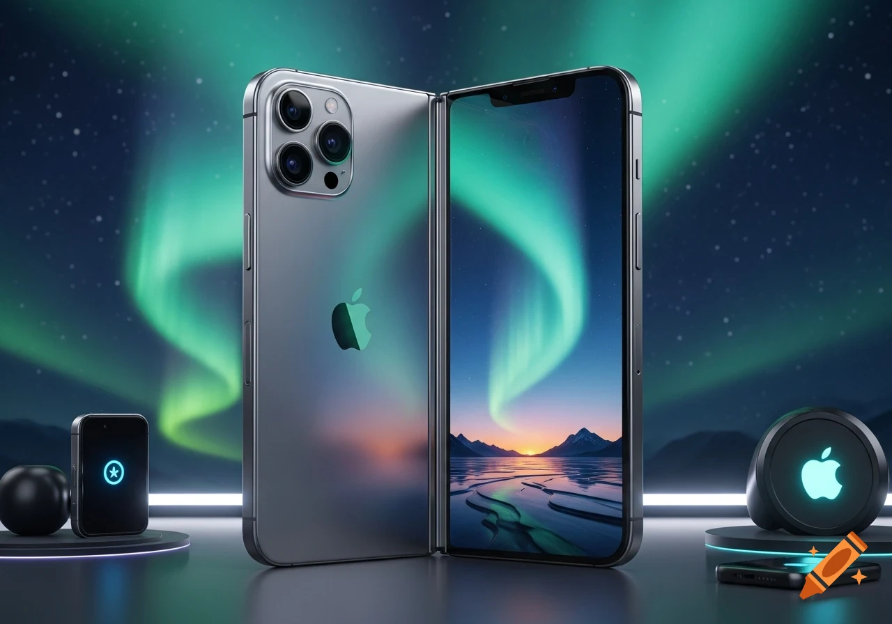 A sleek, foldable iPhone 17 Pro Max and other tech accessories glow against a vibrant aurora borealis sky. The devices are silver, reflecting green and blue light.