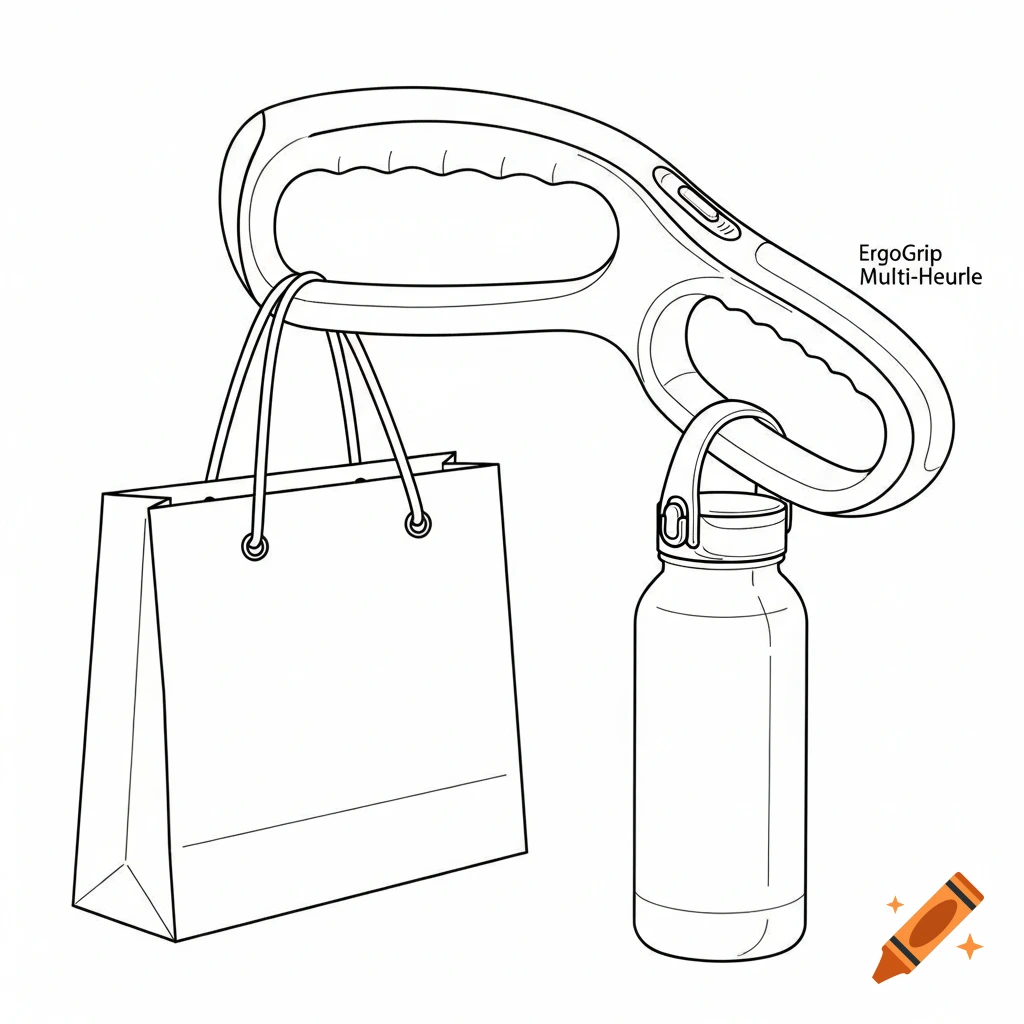 Black-and-white line drawing of an ergonomic handle holding a shopping bag and a water bottle.