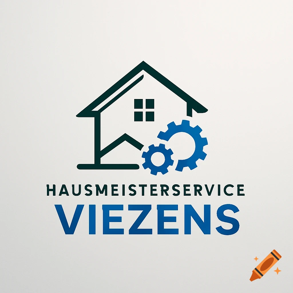 A logo for Hausmeisterservice Viezens, featuring a stylized house outline in dark teal and two blue gears.