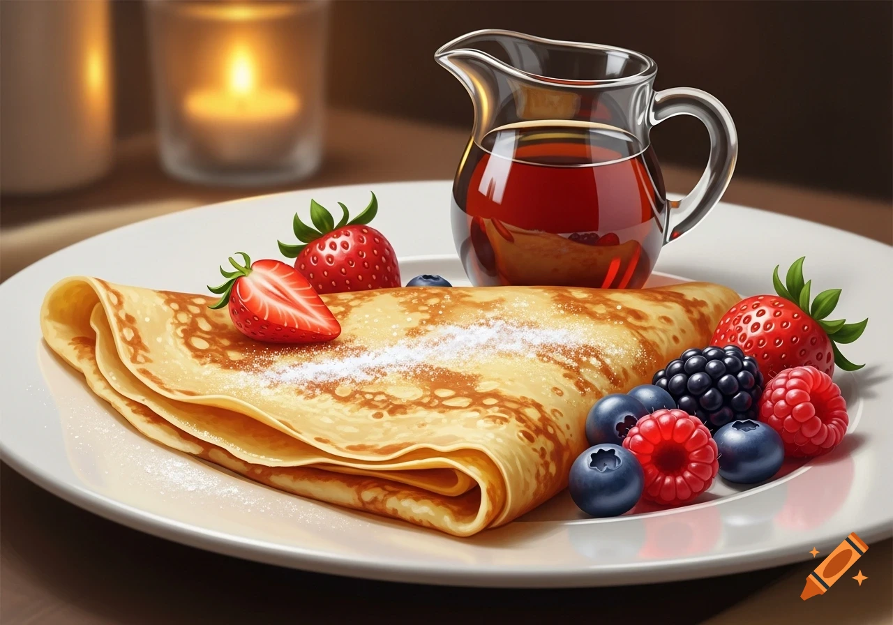 A golden crepe topped with powdered sugar, strawberries, blueberries, raspberries, and blackberries, with a syrup pitcher and candle in the background.