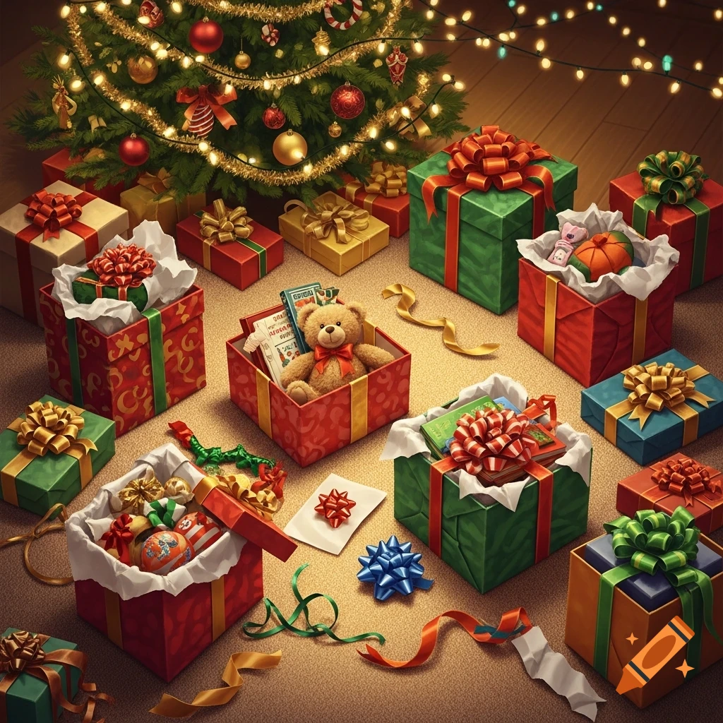 Messy opened and wrapped Christmas presents with scattered ribbons around a decorated Christmas tree.