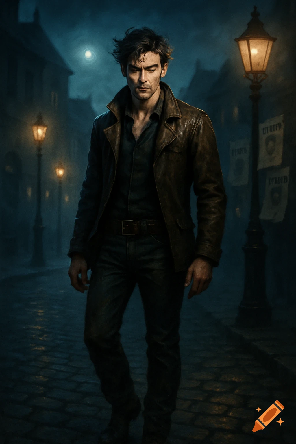 A man in a leather jacket walks on a dark, cobblestone street at night, lit by streetlights.