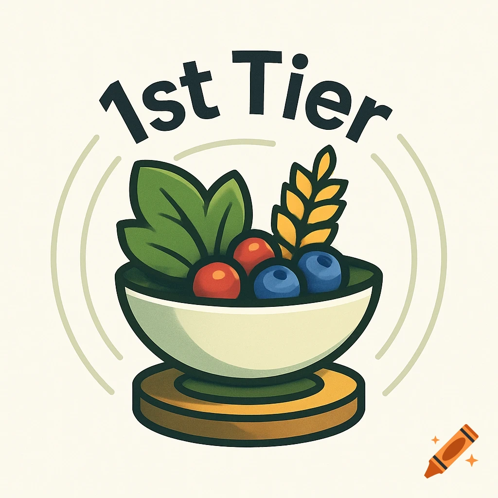A stylized logo featuring the text "1st Tier" above a bowl filled with leafy greens, red berries, blueberries, and a wheat stalk, on a wooden base.