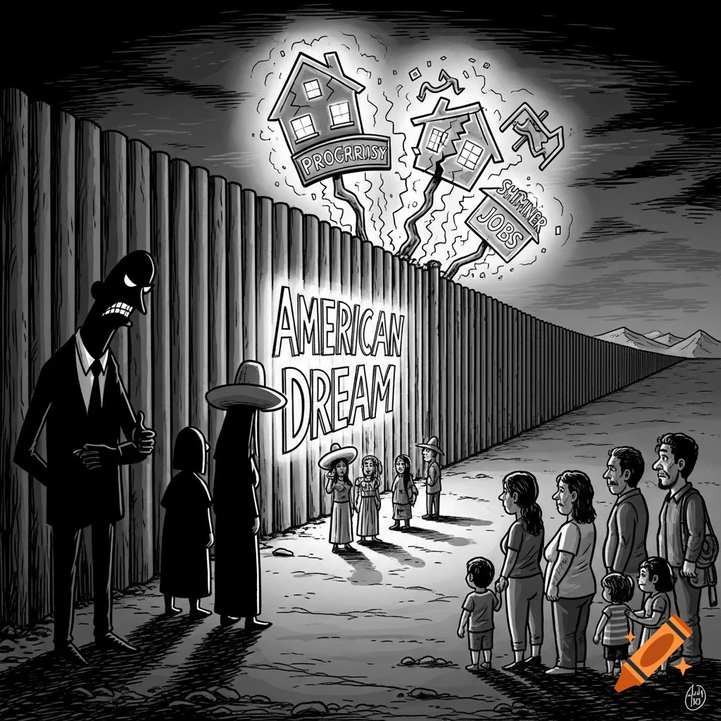 A dark, gritty political cartoon depicts a towering border wall with "AMERICAN DREAM" written on it, while broken house signs saying "PROGRRISY" and "SHIMMER JOBS" float above it. Figures resembling a businessman stand on one side, while families look on from the other, symbolizing immigration barriers.
