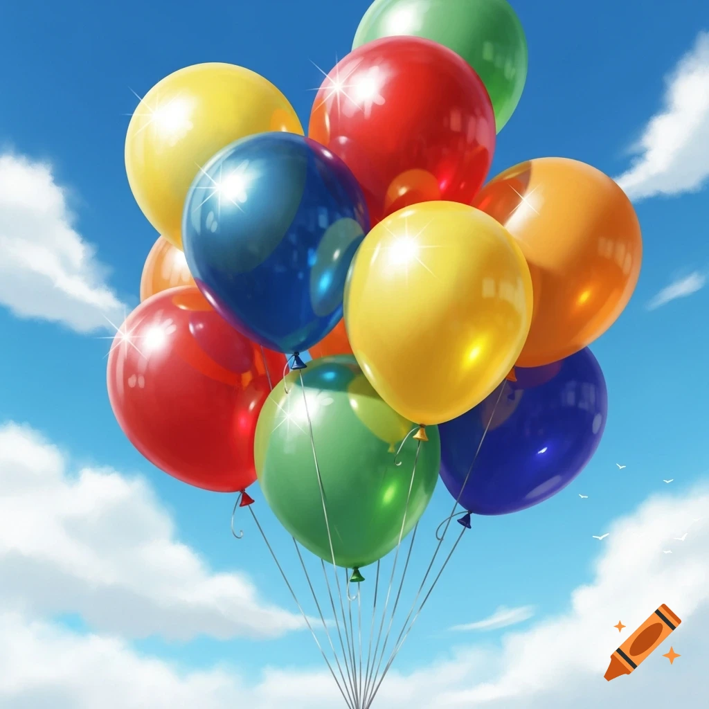 A vibrant cluster of red, yellow, blue, orange, and green balloons float against a clear blue sky with white clouds.