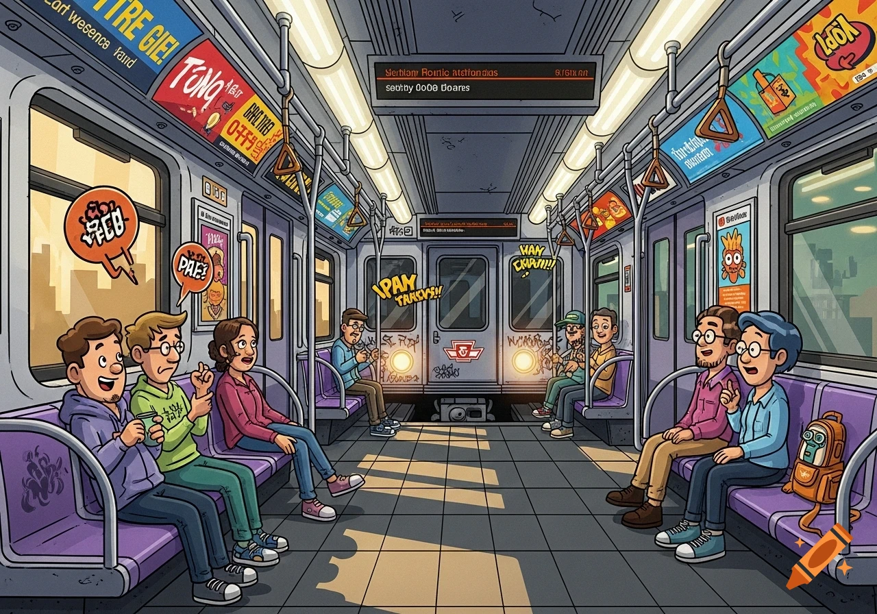 A cartoon drawing of diverse passengers seated inside a subway train car with illuminated signs and windows.