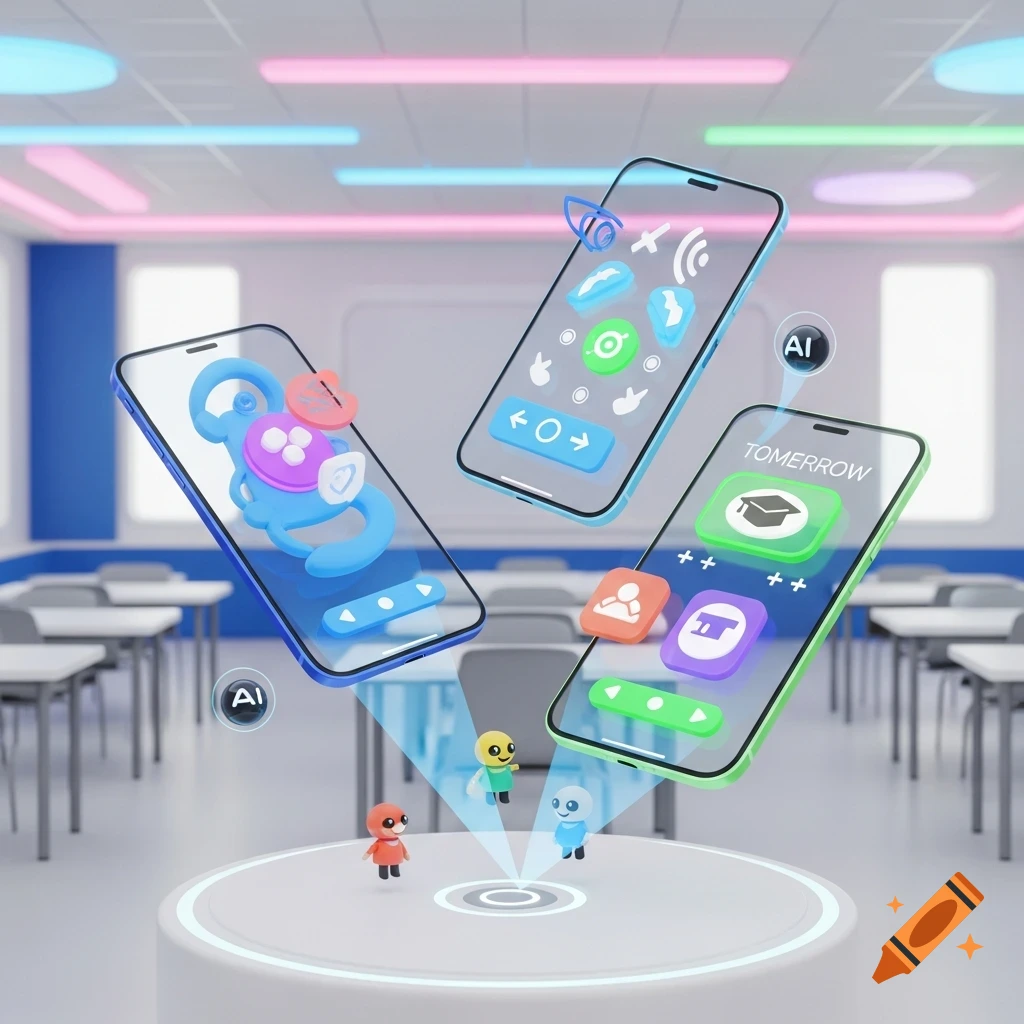 Three futuristic holographic smartphones with apps and small robot ...