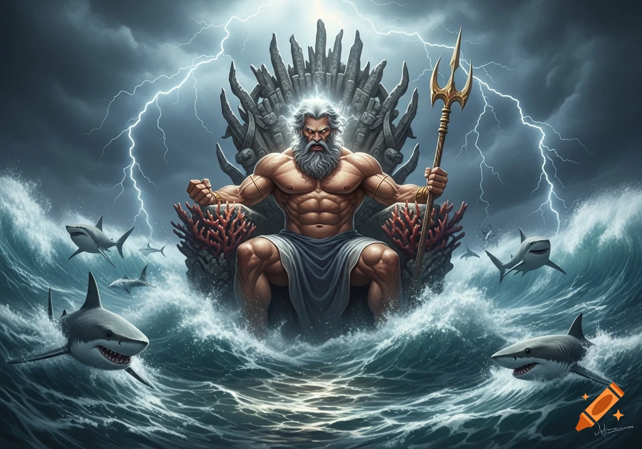 A muscular, bearded god sits on a coral throne in a stormy ocean with lightning, surrounded by sharks and crashing waves.