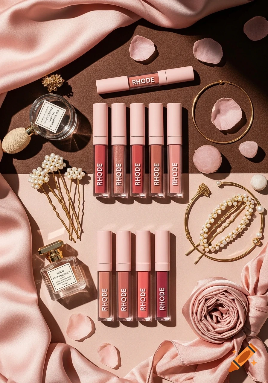 A flat lay of Rhode lip glosses, perfume bottles, pearl jewelry, and rose petals on a pink and brown background with satin fabric.