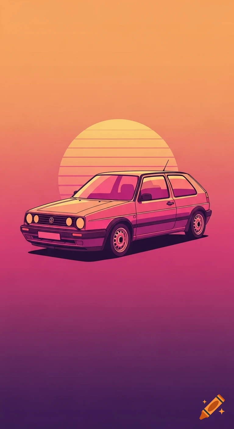 A retro-minimalist cartoon illustration of a pink Volkswagen Golf Mk2 against an orange and purple gradient sunset.
