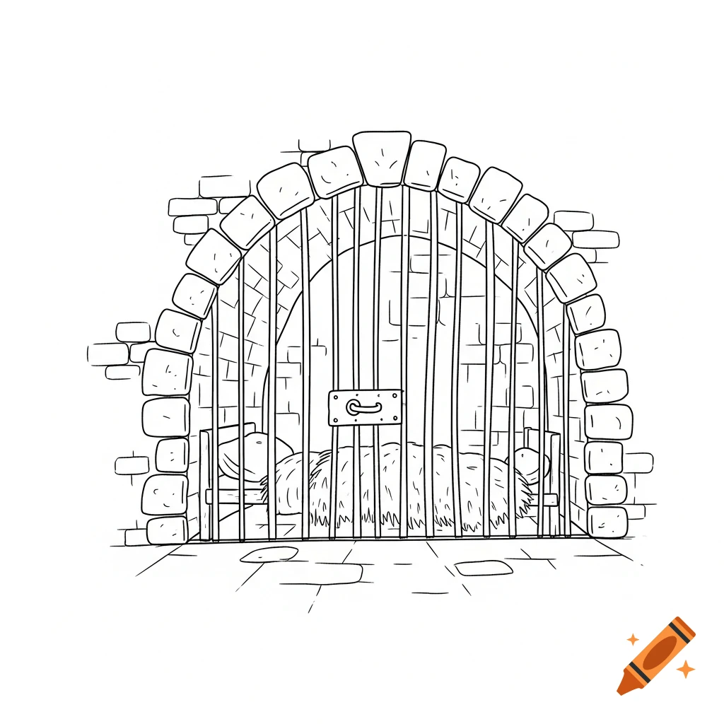 Minimalist line art drawing of a fantasy dungeon cell interior with a barred gate, stone walls, and a straw bed.