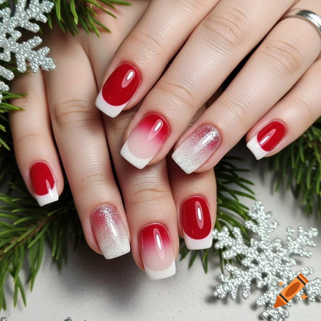 Close-up of hands with festive red, white, and glitter Christmas manicured nails, surrounded by pine needles and silver snowflakes.