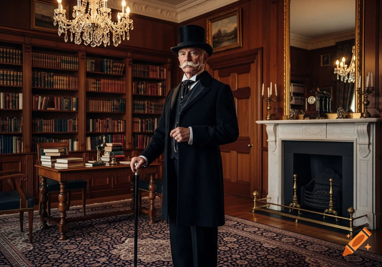 A distinguished Victorian gentleman in a top hat and suit stands with a cane in an elegant study filled with bookshelves.