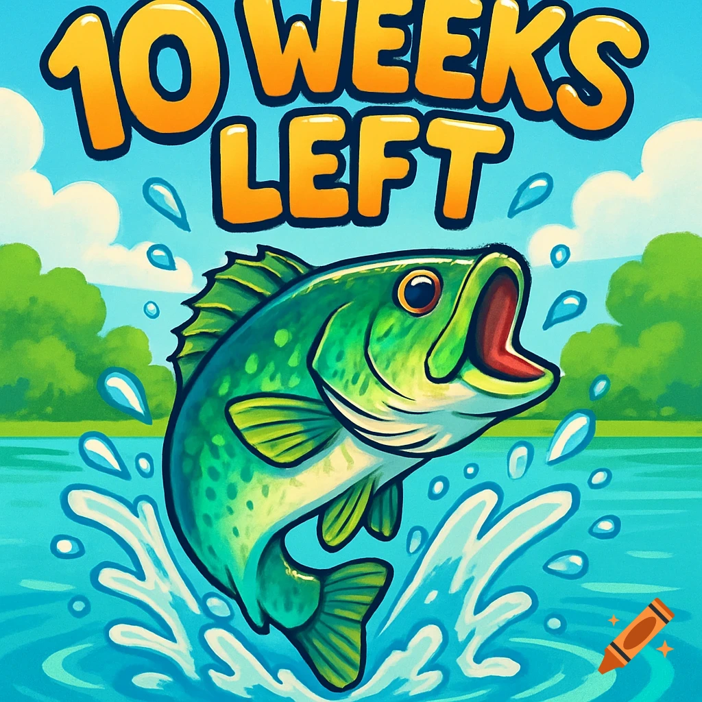 Cartoon bass fish jumping out of the water with the text "10 WEEKS LEFT" under a blue sky.