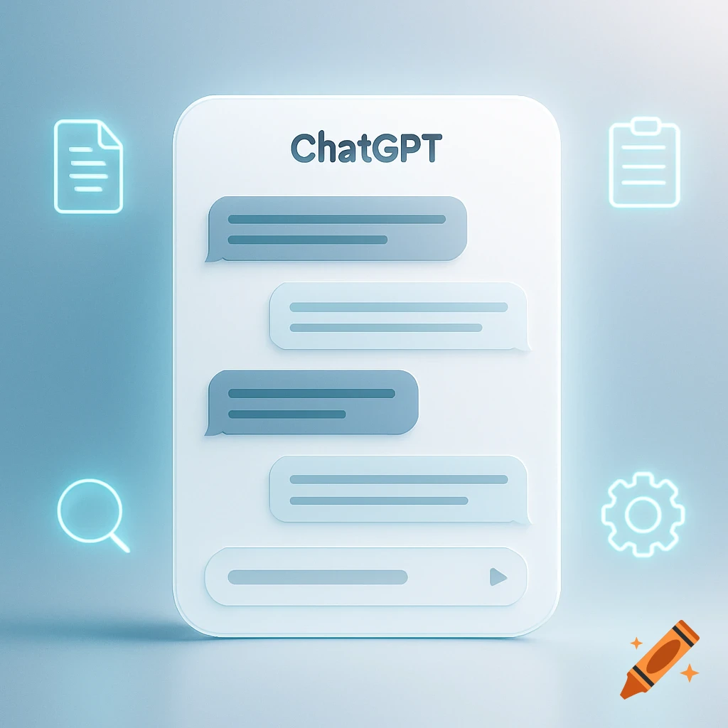 Minimalist 3D rendering of a white ChatGPT interface with chat bubbles and glowing neon icons.