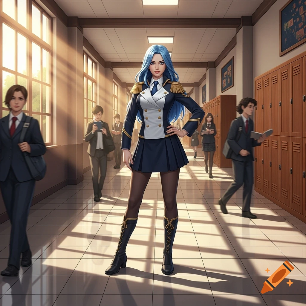 A blue-haired woman in a military-style school uniform stands in a sunny anime school hallway filled with students.