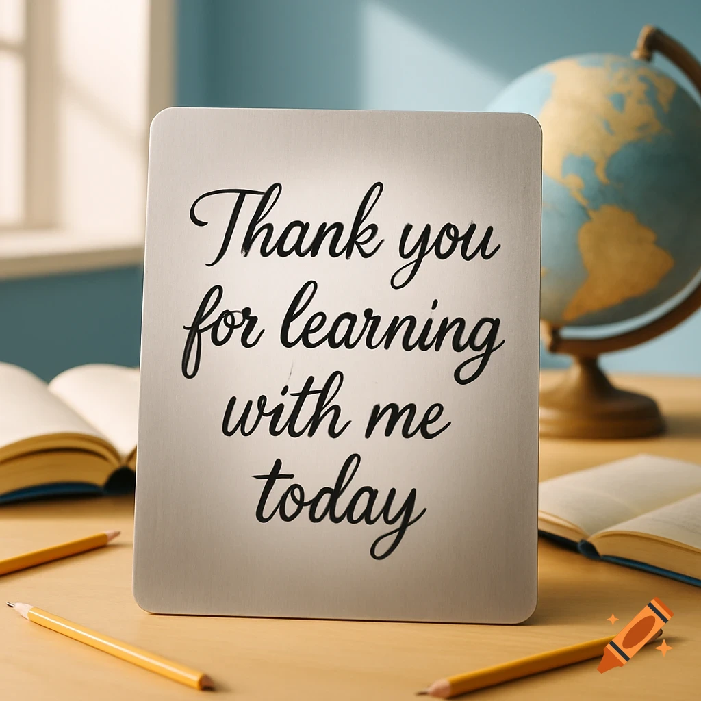 A photorealistic image of a white sign with the text 'Thank you for learning with me today' on a wooden desk, surrounded by books, pencils, and a globe in the background.
