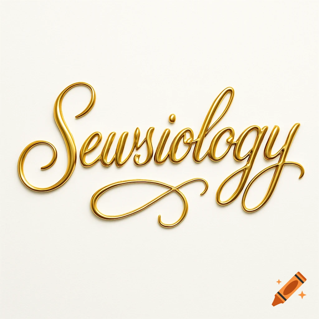 Gold cursive text 'Sewsiology' on a white background.