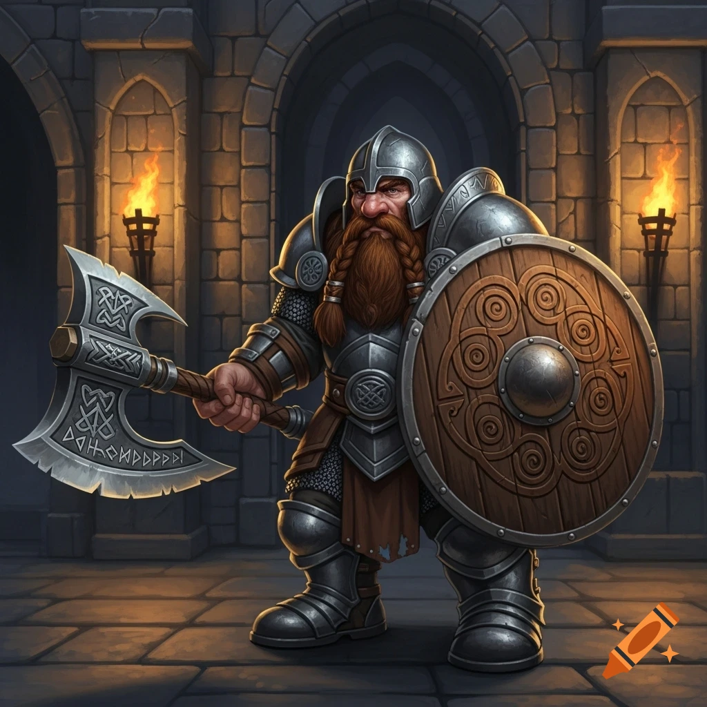 A mighty dwarf warrior in half plate armor and a braided beard holds a waraxe and wooden shield in a stone castle hall lit by torches.
