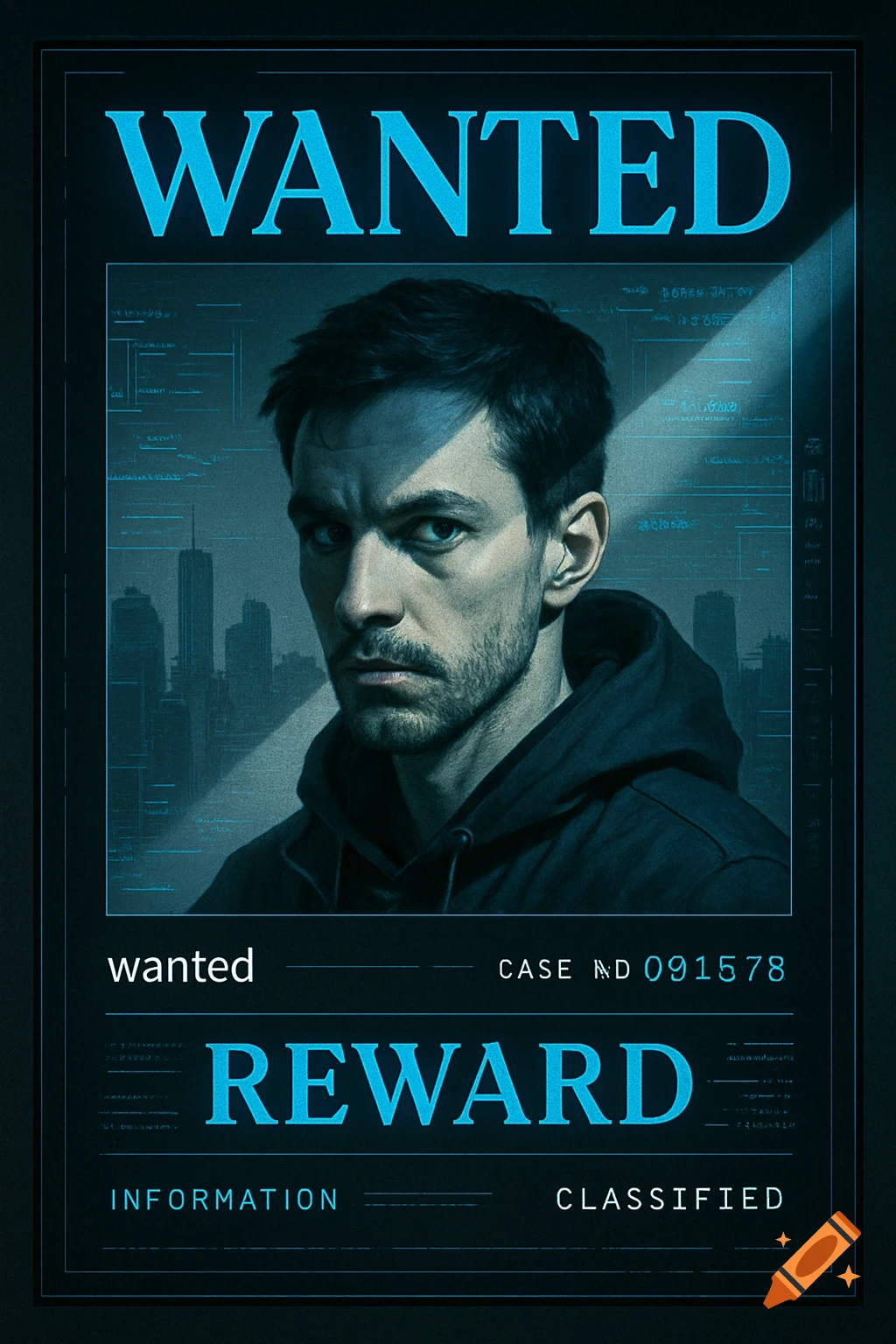 A man with a stern expression in a dark hoodie is featured on a blue-lit 'WANTED' poster with a city skyline in the background.