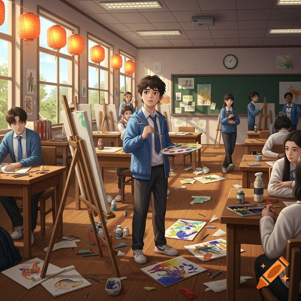 Anime illustration of a messy high school art class with students drawing and painting.