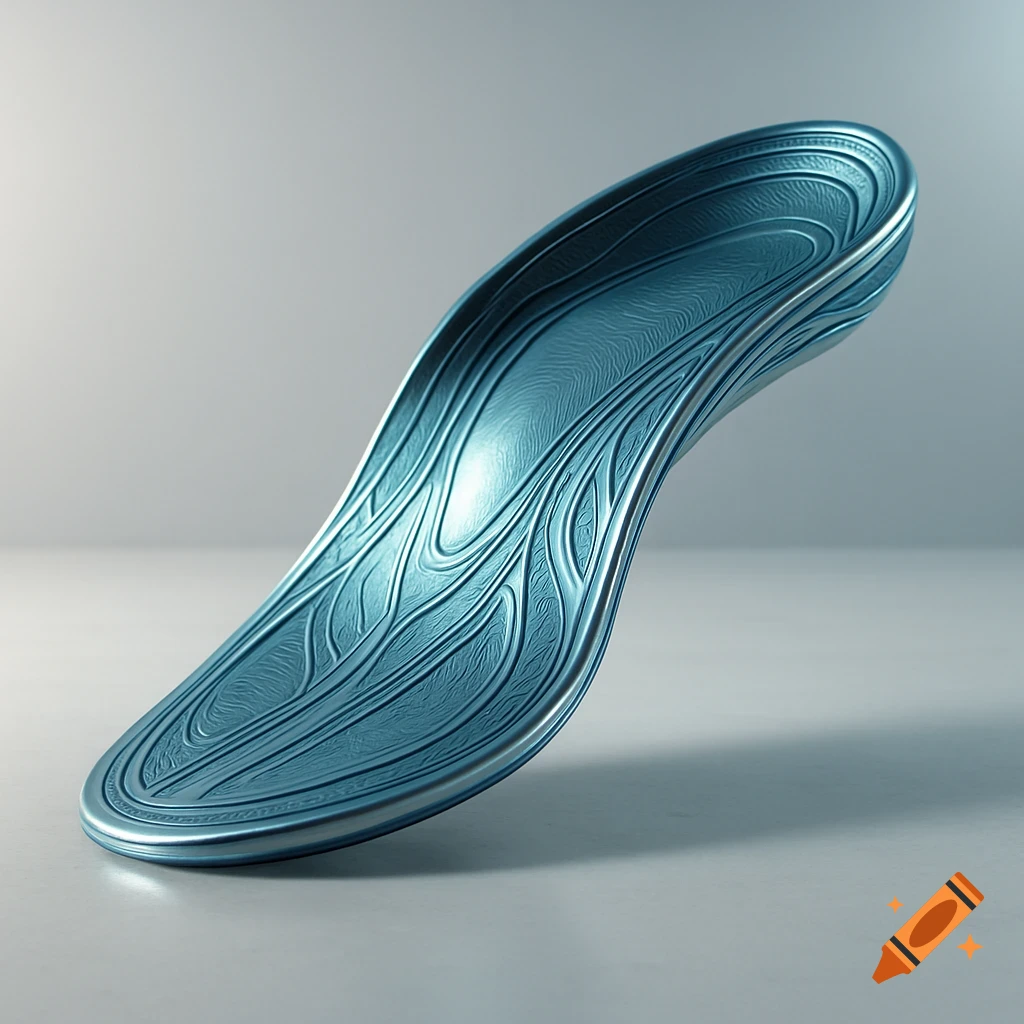 A shiny blue metallic orthopedic insole with an intricate organic pattern, angled against a light background.