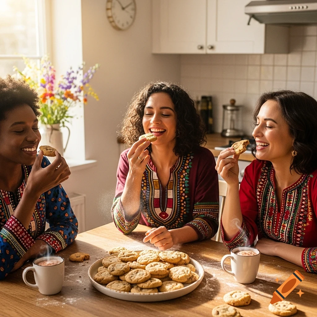 Three smiling women in colorful traditional attire eat cookies and drink from mugs at a wooden table in a sunlit kitchen.
