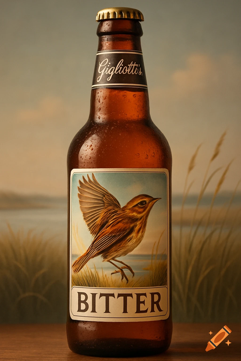 Photorealistic brown beer bottle with Gigliotti's and BITTER labels, featuring a saltmarsh sparrow, on a wooden surface.