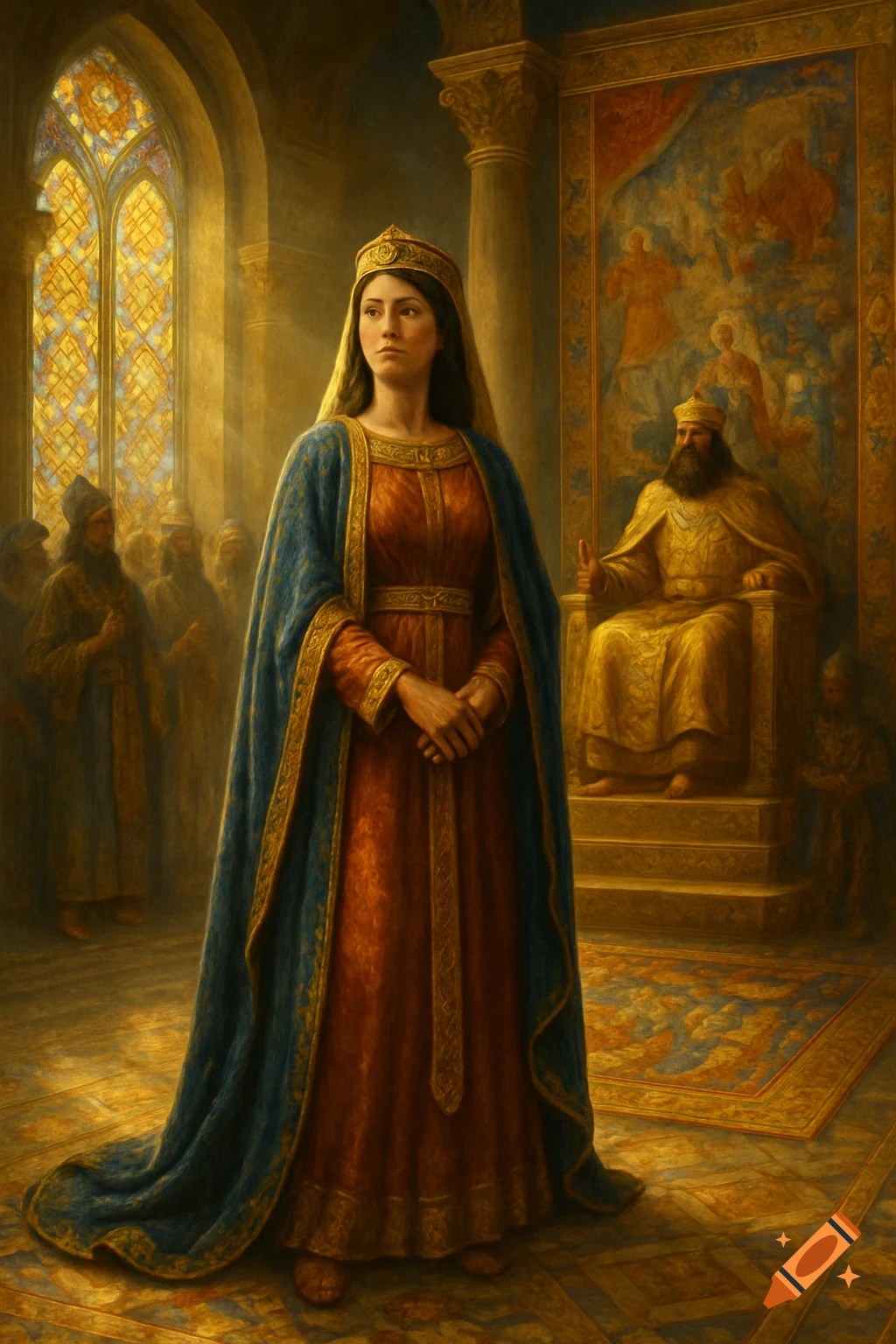 A painting of a regal woman in a red dress and blue cloak, standing in a grand hall with a king on a golden throne in the background.